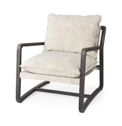 Rustic cozy black cream accent chair with wood armrests and metal details