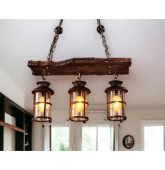 Rustic Wood and Metal Three Light Hanging Lantern Chandelier
