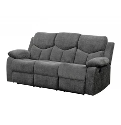 Gray black chenille reclining sofa with comfortable plush seating and modern design