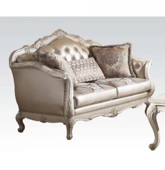 63" Rose Gold And Pearl Faux Leather Curved Loveseat and Toss Pillows