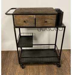 Rolling rustic black natural bar cart with wood shelves and drawers