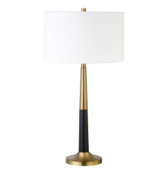 29" Black and Gold Metal Table Lamp With White Drum Shade