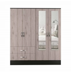 71" Light Oak and Black Four Door Wardrobe Closet with Mirrors