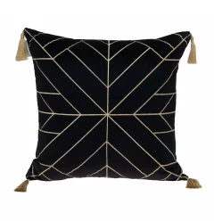 Gold geo velvet throw pillow with tassels and elegant pattern