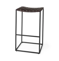 30" Brown And Black Leather And Iron Backless Bar Height Bar Chair