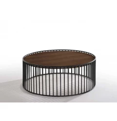 Modern Walnut and Black Metal Rods Round Coffee Table