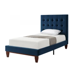 Navy Blue Solid Wood Full Tufted Upholstered Velvet Bed