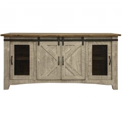 70" Gray Solid Wood Cabinet Enclosed Storage Distressed TV Stand
