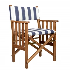 Blue and White And Brown Solid Wood Director Chair With Blue and White Cushion