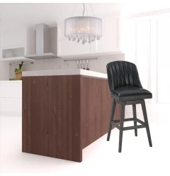 31" Onyx And Gray Faux Leather And Solid Wood Swivel Bar Height Bar Chair