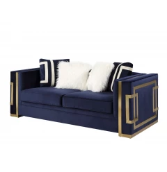 80" Blue And Gold Velvet Loveseat and Toss Pillows