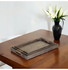 brown rectangular wood handmade trays with handles on table with plant and flowerpot