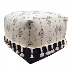 18" Natural and Navy Blue Cotton Medallion Pouf Ottoman
