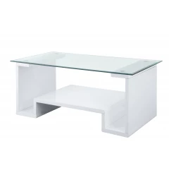 47" White And Clear Glass And Manufactured Wood Rectangular Coffee Table With Shelf