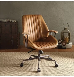 Coffee and Black Adjustable Swivel Faux Leather Rolling Task Chair