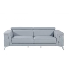 Gray silver Italian leather sofa with pillows and wood accents