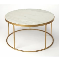 34" Multi-Color And Off White Marble And Metal Round Coffee Table