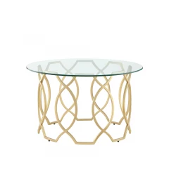 32" Clear And Gold Glass And Iron Round Coffee Table