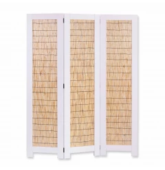 67" White and Natural Wood Folding Three Panel Screen Room Divider