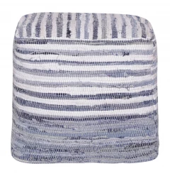 18" Blue Cotton Cube Striped Pouf Ottoman