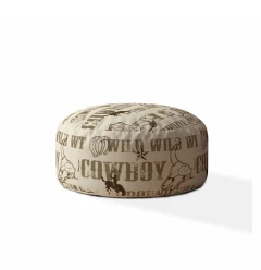 24" Brown Cotton Round Animal Print Pouf Ottoman