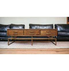 56" Brass And Brown Solid Wood Rectangular Distressed Storage Coffee Table