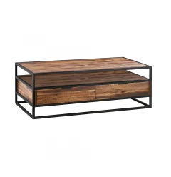 50" Brown And Black Solid Wood And Metal Coffee Table With Two Drawers And Shelf