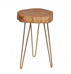 26" Gold And Natural Solid Wood Round End Table