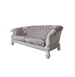 99" Ivory Velvet Damask Sofa And Toss Pillows With Bone Legs