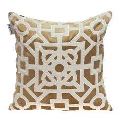Beige gold lattice velvet throw pillow with intricate pattern design