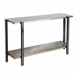 50" Smoky Black and Champagne Glass Mirrored Floor Shelf Console Table With Storage