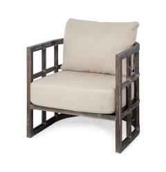Demi Lune accent chair with wooden frame and armrests in a comfortable outdoor furniture setting