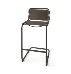30" Brown And Black Leather And Iron Bar Chair