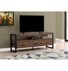 Black metal TV stand with drawers and wood shelving for living room furniture