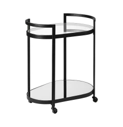 Cyclider Black Metal With Two Mirror Glass Shelves Bar Cart