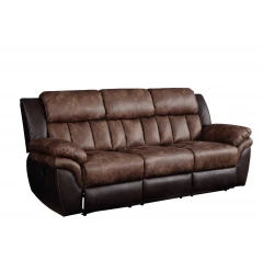 Espresso black microfiber reclining sofa with brown wood accents and comfortable cushioning