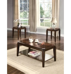 Set of 3 23" Solid Wood Brown Coffee Table With Shelf and End Tables