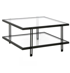 32" Clear And Black Glass And Steel Square Coffee Table With Shelf