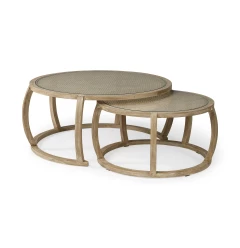 S2 41.5" Round Woven Cane Glass Top And Solid Wood Coffee Tables