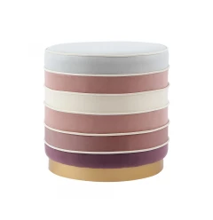 18" Blush Velvet And Gold Round Striped Ottoman