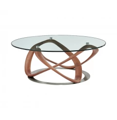 39" Clear And Brown Glass And Solid Wood Round Coffee Table