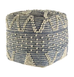 Blue Denim And Ivory Square Pouf With Cotton Stitched