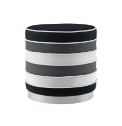 18" Black Velvet And Silver Round Striped Ottoman