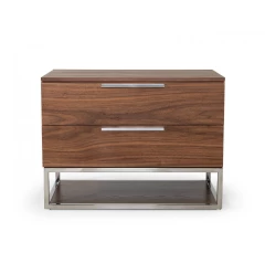 Contemporary Walnut and Stainless Steel Nightstand with Two Drawers