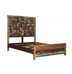 Solid Reclaimed Wood Queen Brown Geometric Panel Bed