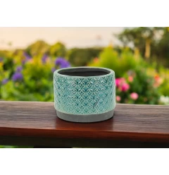 7" Turquoise Geometric Ceramic Indoor Outdoor Round Pot Planter