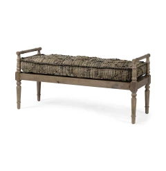 57" Beige And Brown Upholstered Cotton Blend Bench