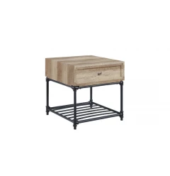 22" Sandy Black And Oak Manufactured Wood And Metal Square End Table With Drawer And Shelf
