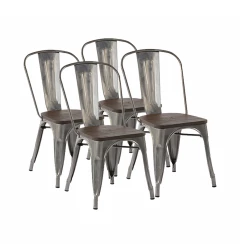 Set Of Four Silver and Brown Wood and Metal Slat Back Dining Chairs