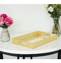 16" Gold Rectangular Wood Handmade Tray With Handles